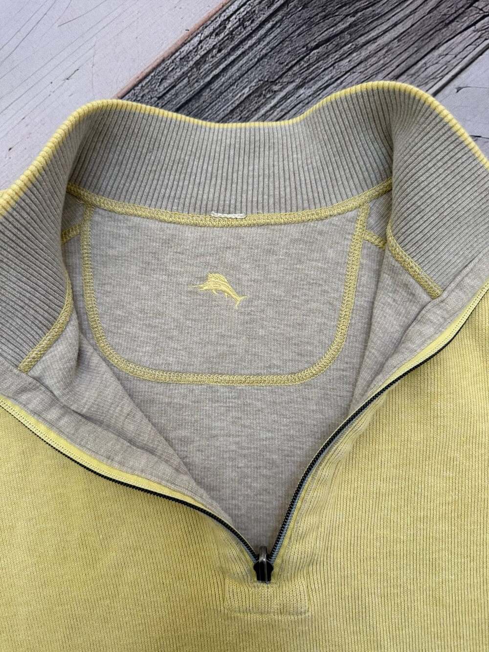 Tommy Bahama 1/4 Zip Long Sleeved yellow Sweater. *Reversible to Grey*